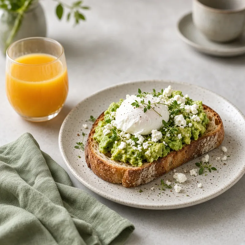 Smashed avocado on sourdough with a poached egg and feta, with a glass of orange juice