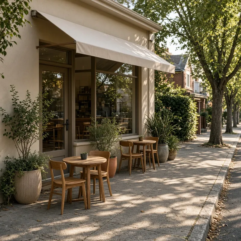 Small timber tables on the footpath outside the cafe under a cream awning