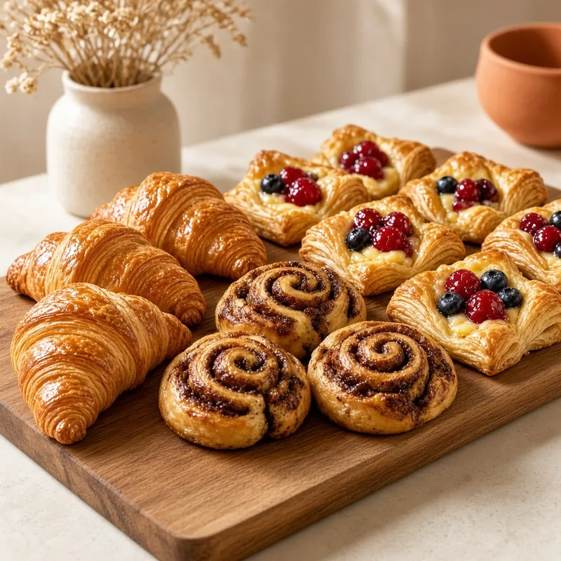 Croissants, cinnamon scrolls and berry danishes on a timber board