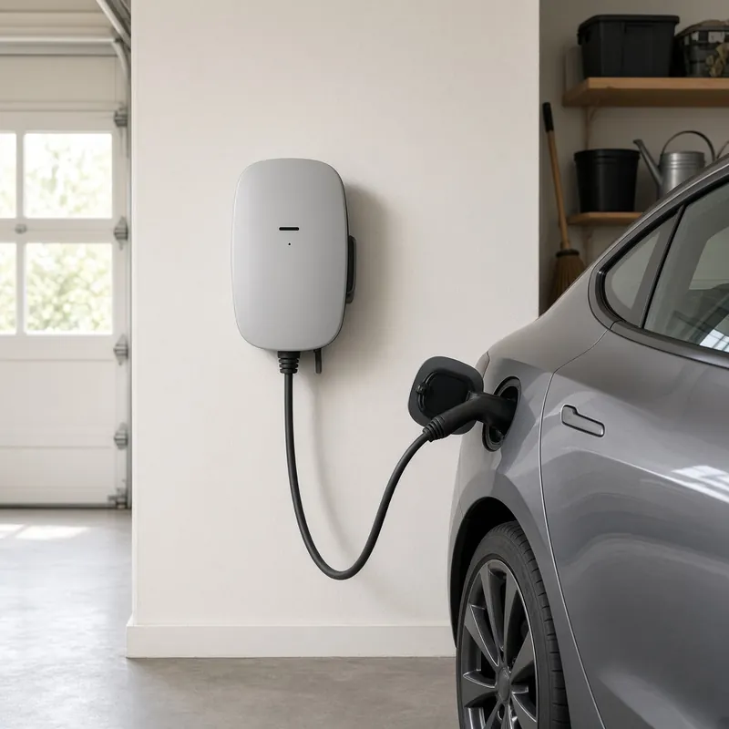 Wall-mounted EV charger plugged into a grey car in a garage